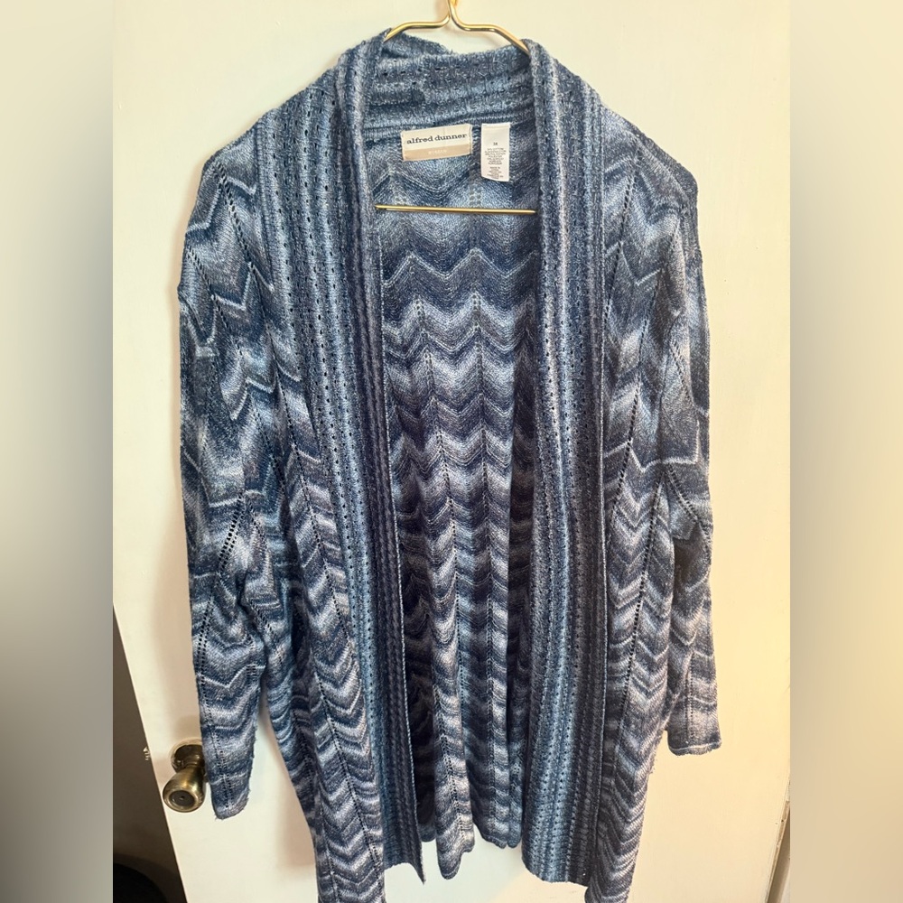 Alfred Dunner Navy and White Chevron Cardigan